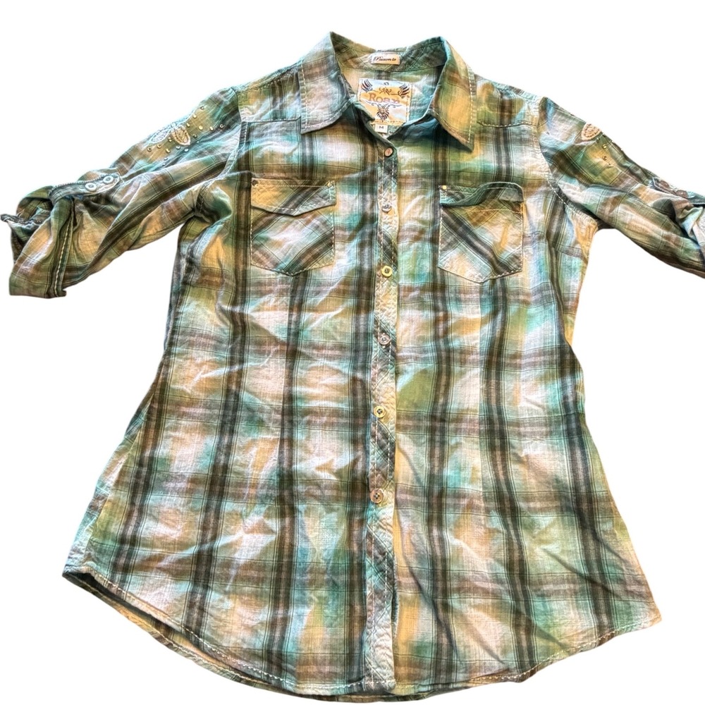 Roar Womens Plaid Embroidered Rhinestone Y2K Western Shirt Size Medium Roll Tab